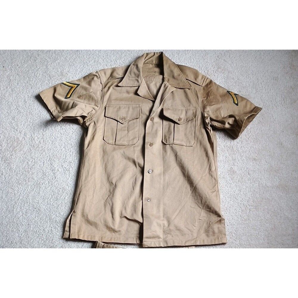 US Army Shirt Mens Small 14-14 1/2 Tan Short Sleeve Vietnam Vintage 70s READ